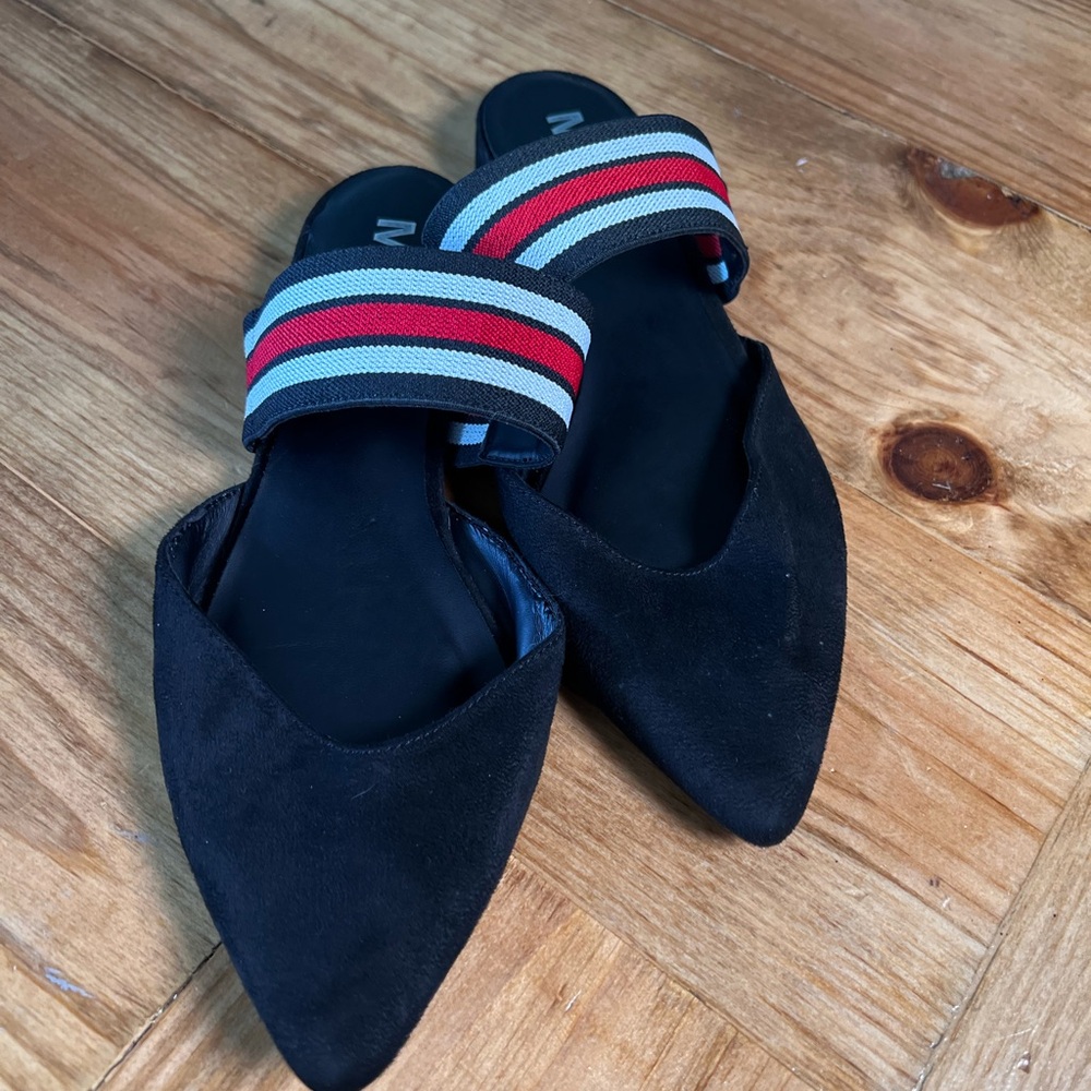 MIA Black Slide On Flats with pointed toe and striped strap